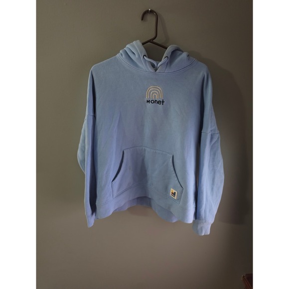 Monet Skateboards Tops - Monet Skateboards Light Blue Graphic Hoodie Women Large Cloud Rainbow Print